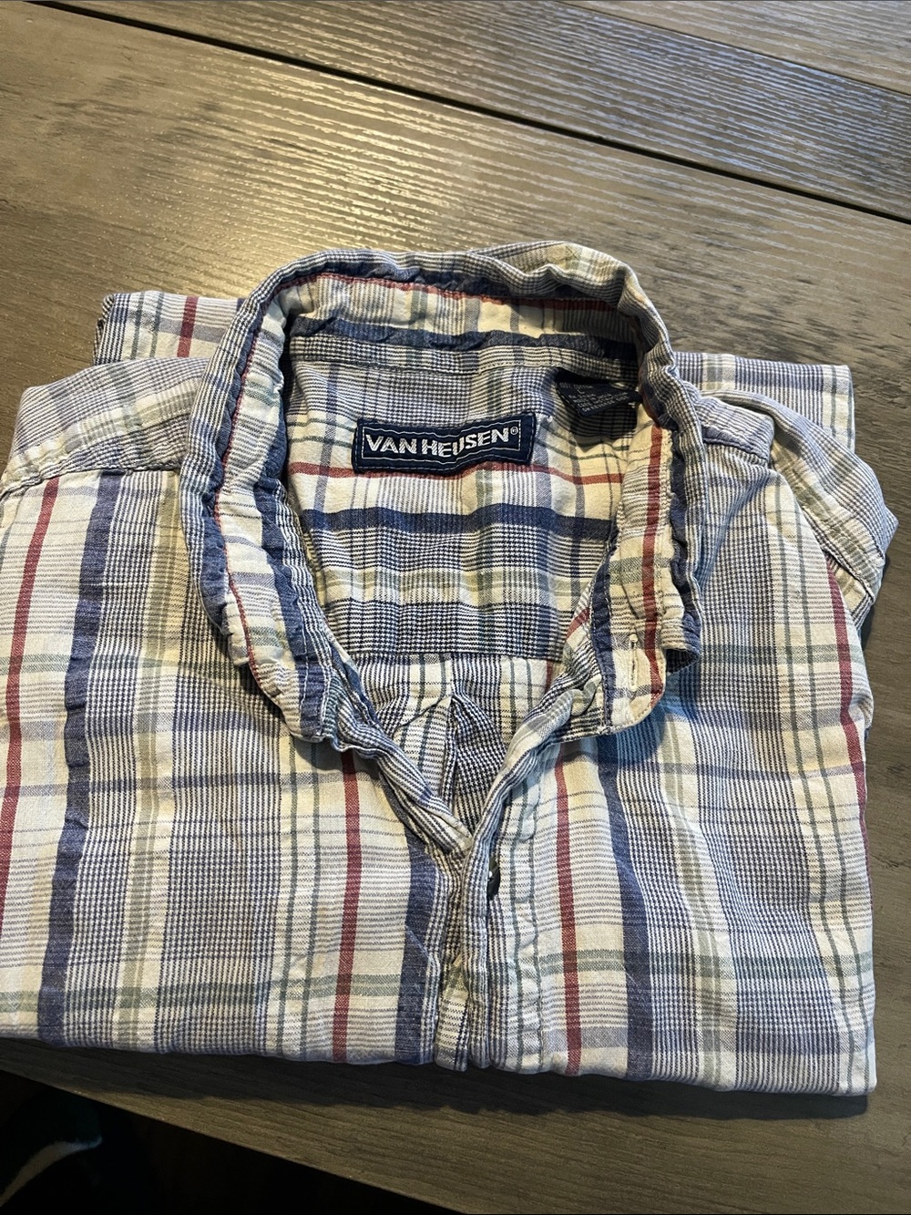 #A301 Van Heusen Plaid Button-Down Shirt in Blue, White & Red